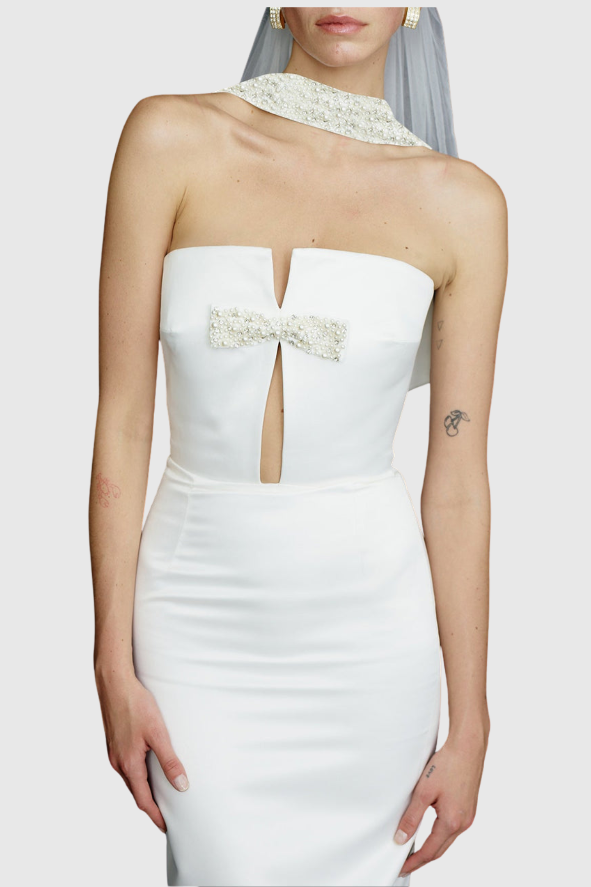 Ronay Bow Pearl Embellished Strapless Maxi Bandage Dress