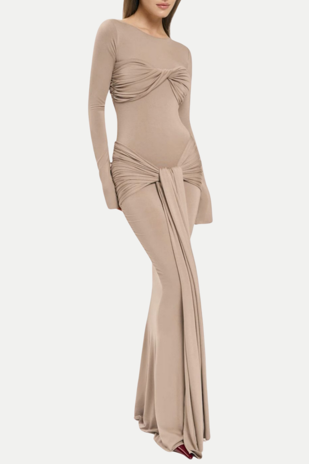 Rosalba Ruched Long Sleeve Maxi Dress - Khaki