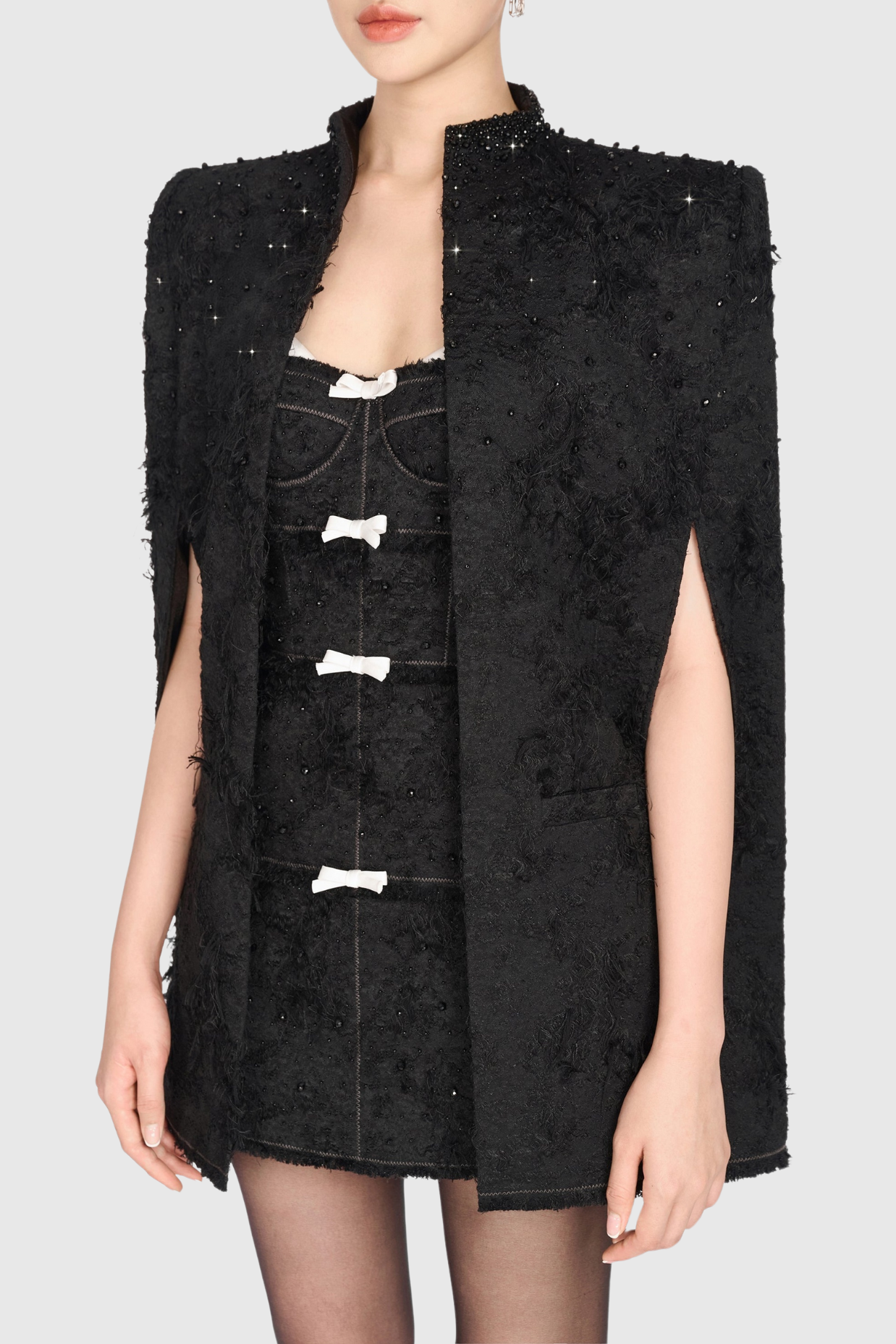Santos Bow Jacquard Beaded Mini Dress - Black