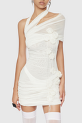 Sheadia One Shoulder Floral Mesh Ruched Mini Dress