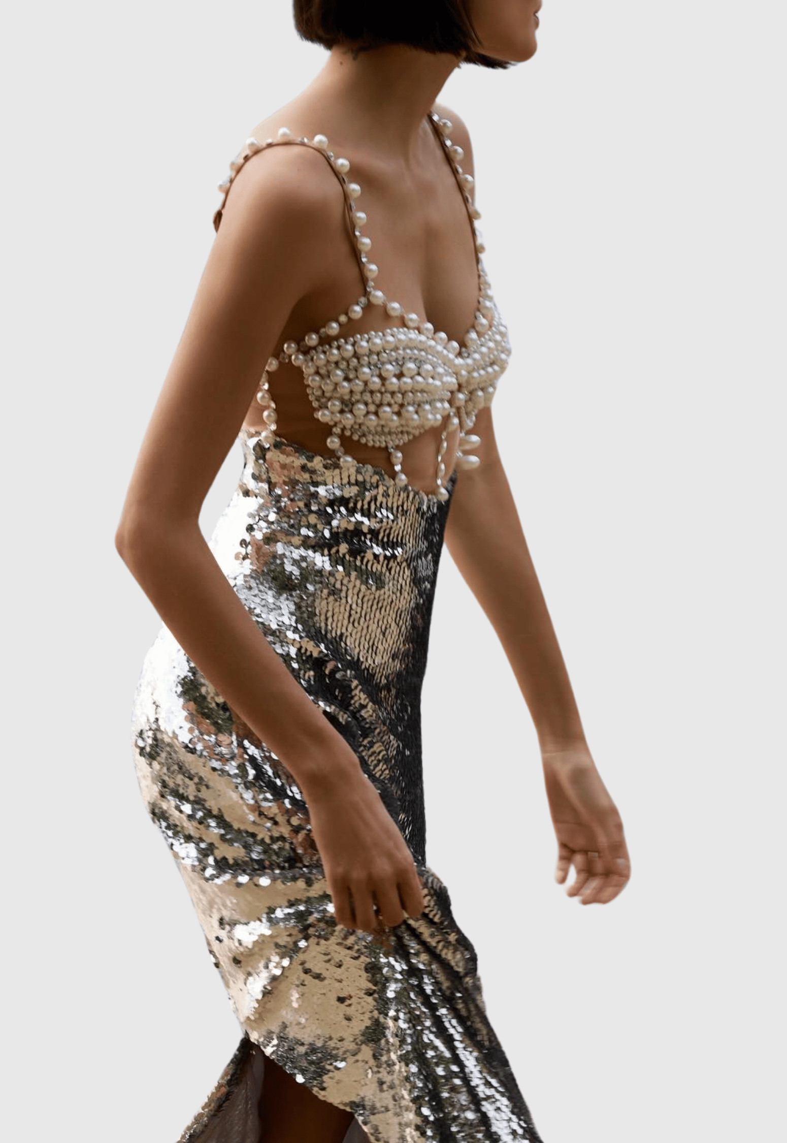 Sibilia Sequin Pearl Embeliished Midi Bandage Dress