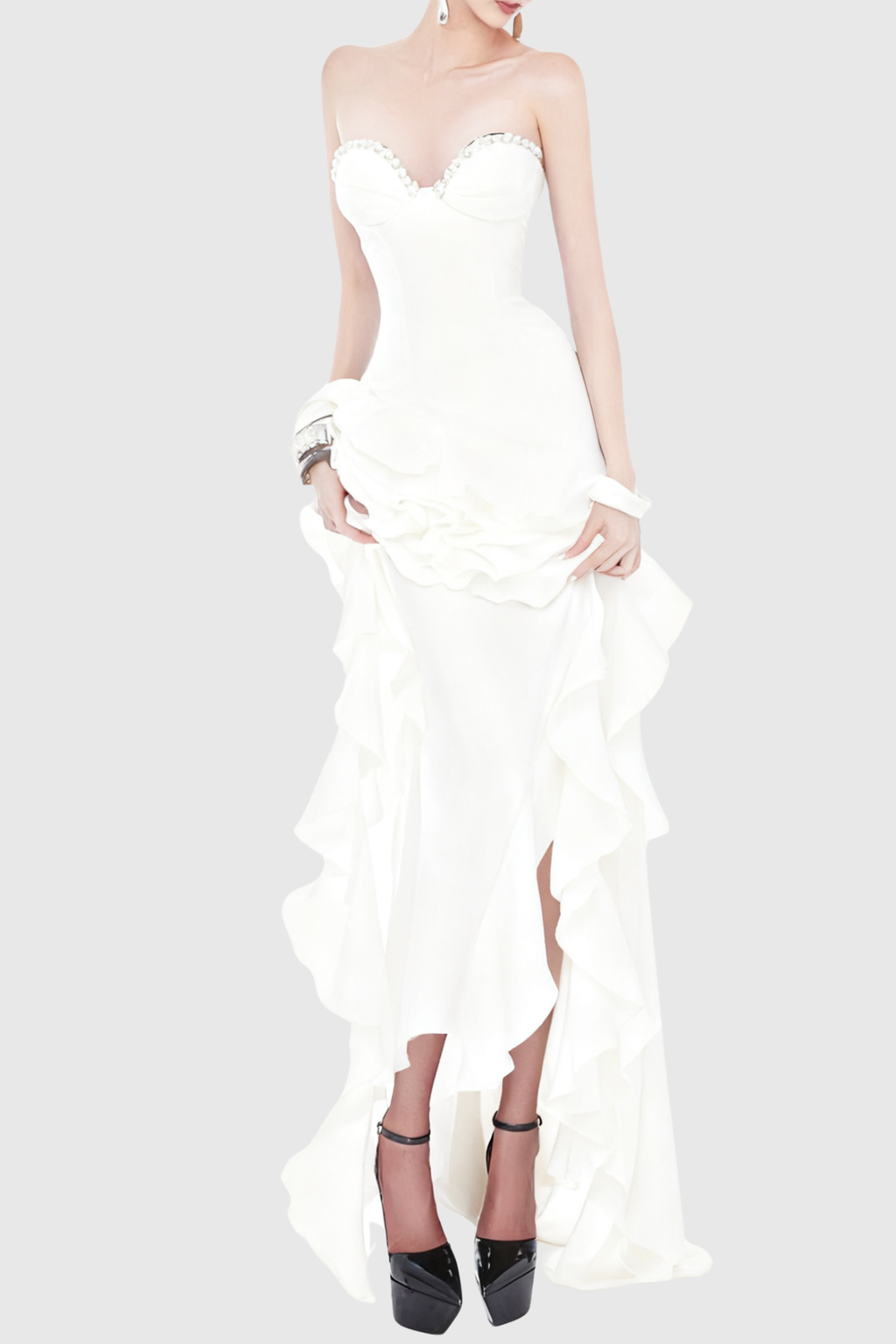Takara Strapless Ruffle Maxi Dress - White