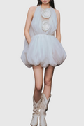 Tlora Floral Applique Halter Puffy Mini Dress