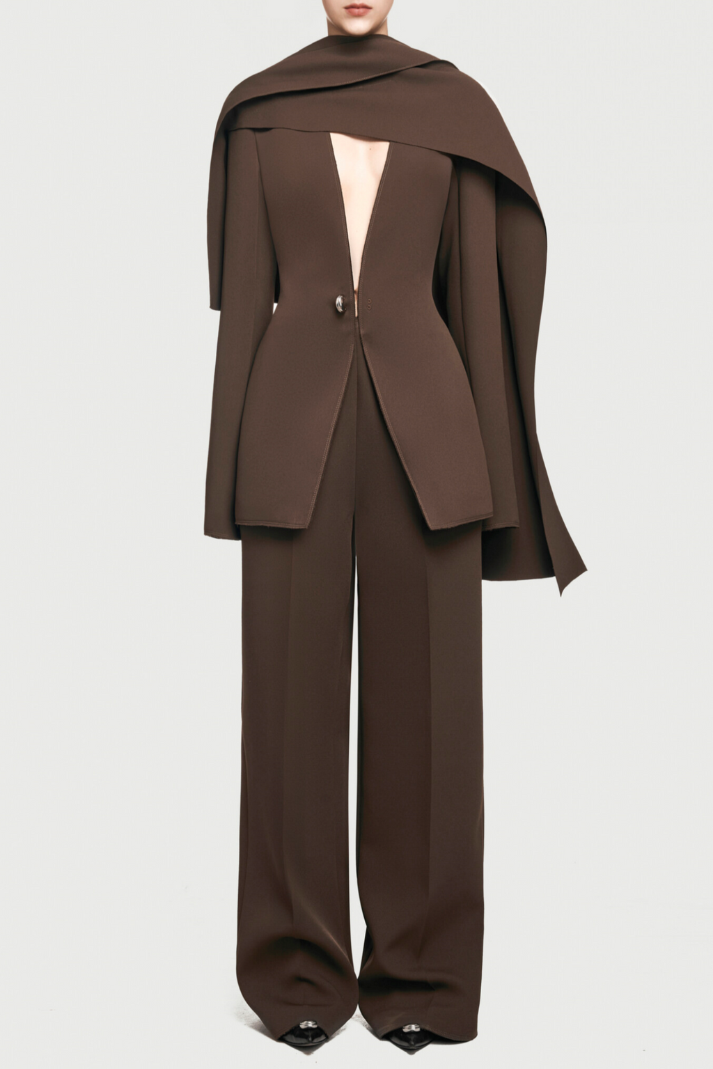 Tyanne Asymmetrical Shoulder Pleat Blazer Two Piece Set - Brown