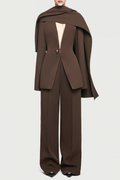 Tyanne Asymmetrical Shoulder Pleat Blazer Two Piece Set - Brown