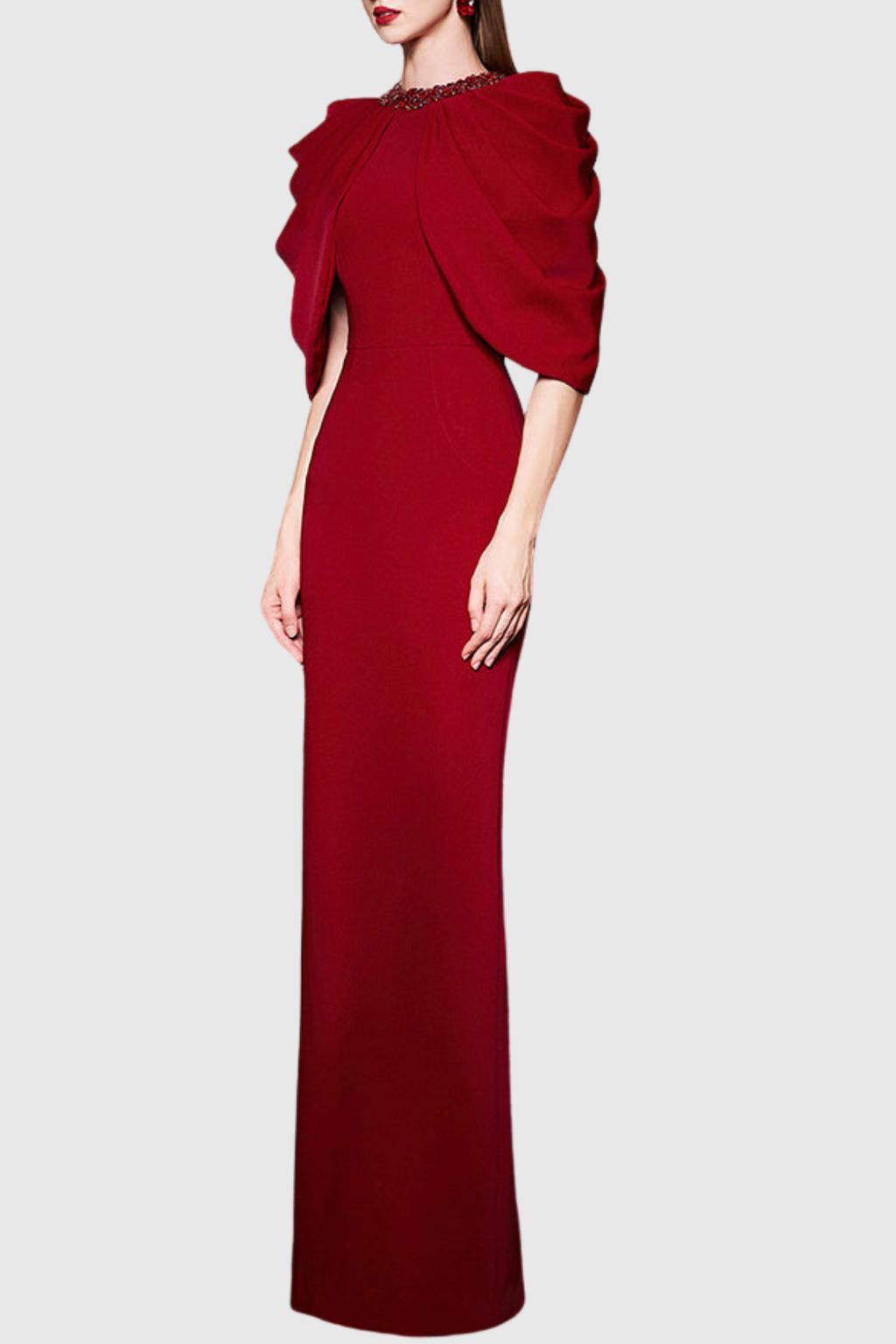 Vlado Crystal Embellished Draped Cape Maxi Dress