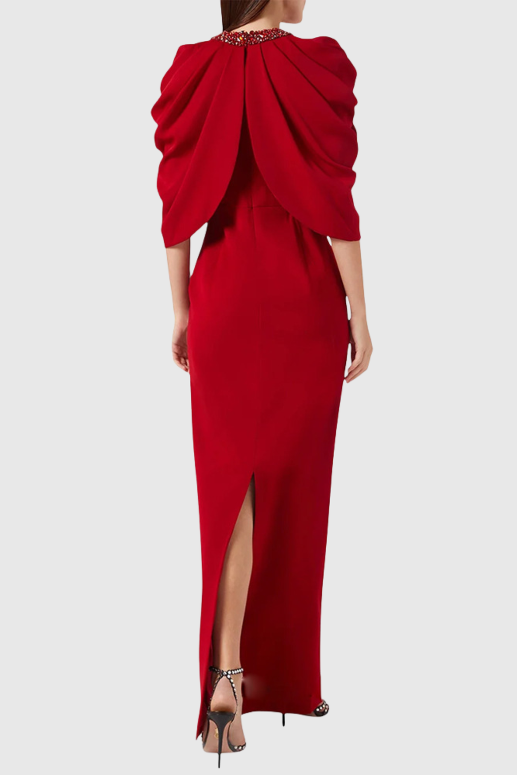 Vlado Crystal Embellished Draped Cape Maxi Dress