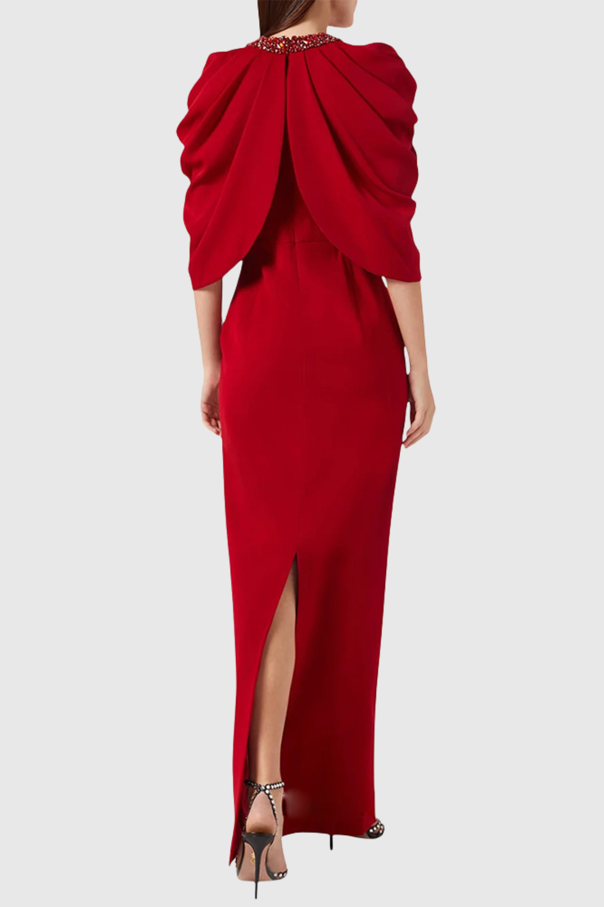 Vlado Crystal Embellished Draped Cape Maxi Dress