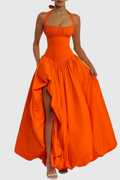 Zenite Halter Corset Ruched Midi Dress - Orange
