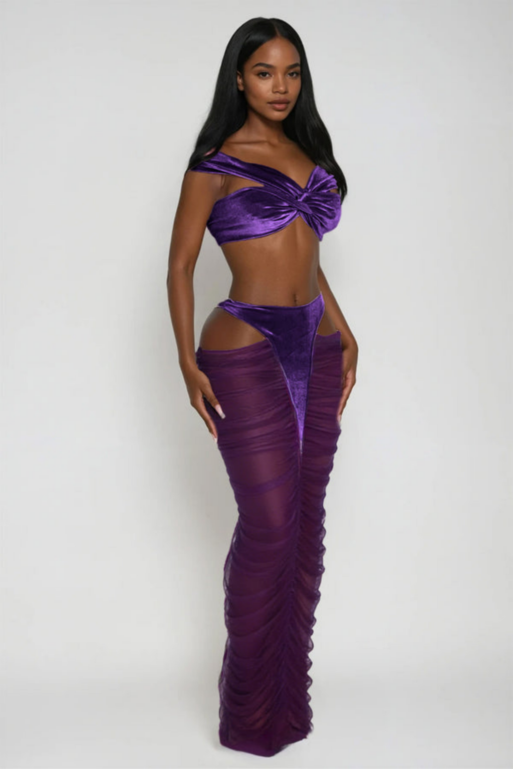 Zeusa Velvet Top & Cutout Mesh Skirt Set - Purple