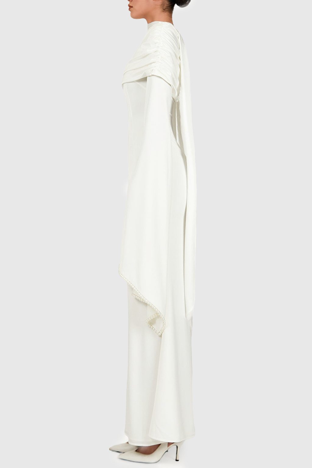 Zisel Pearl Trim Cutout Ruched Maxi Dress - White
