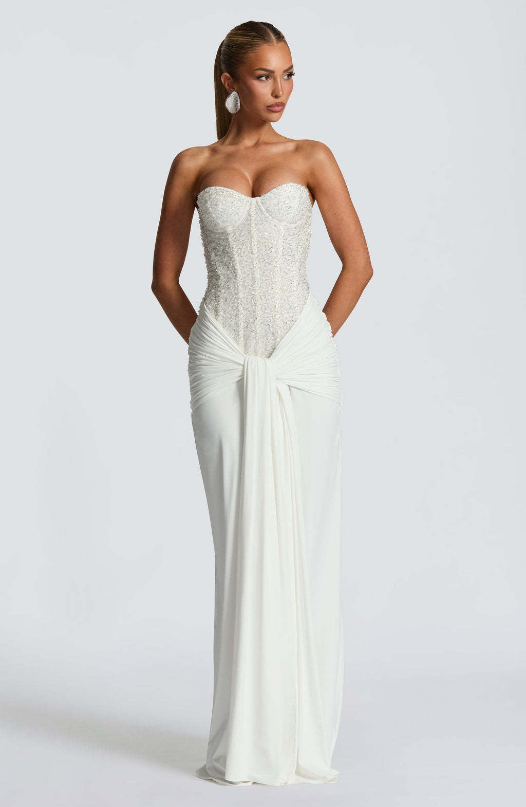 Albie Sequin Strapless Ruched Maxi Dress - White