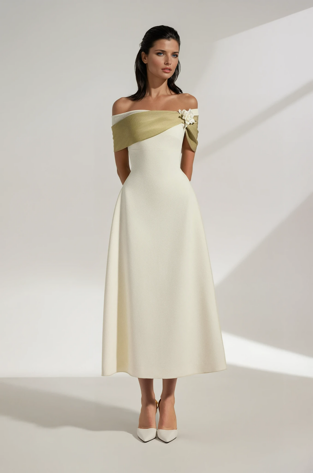 Cicek Floral Appliqué Off Shoulder Midi Dress